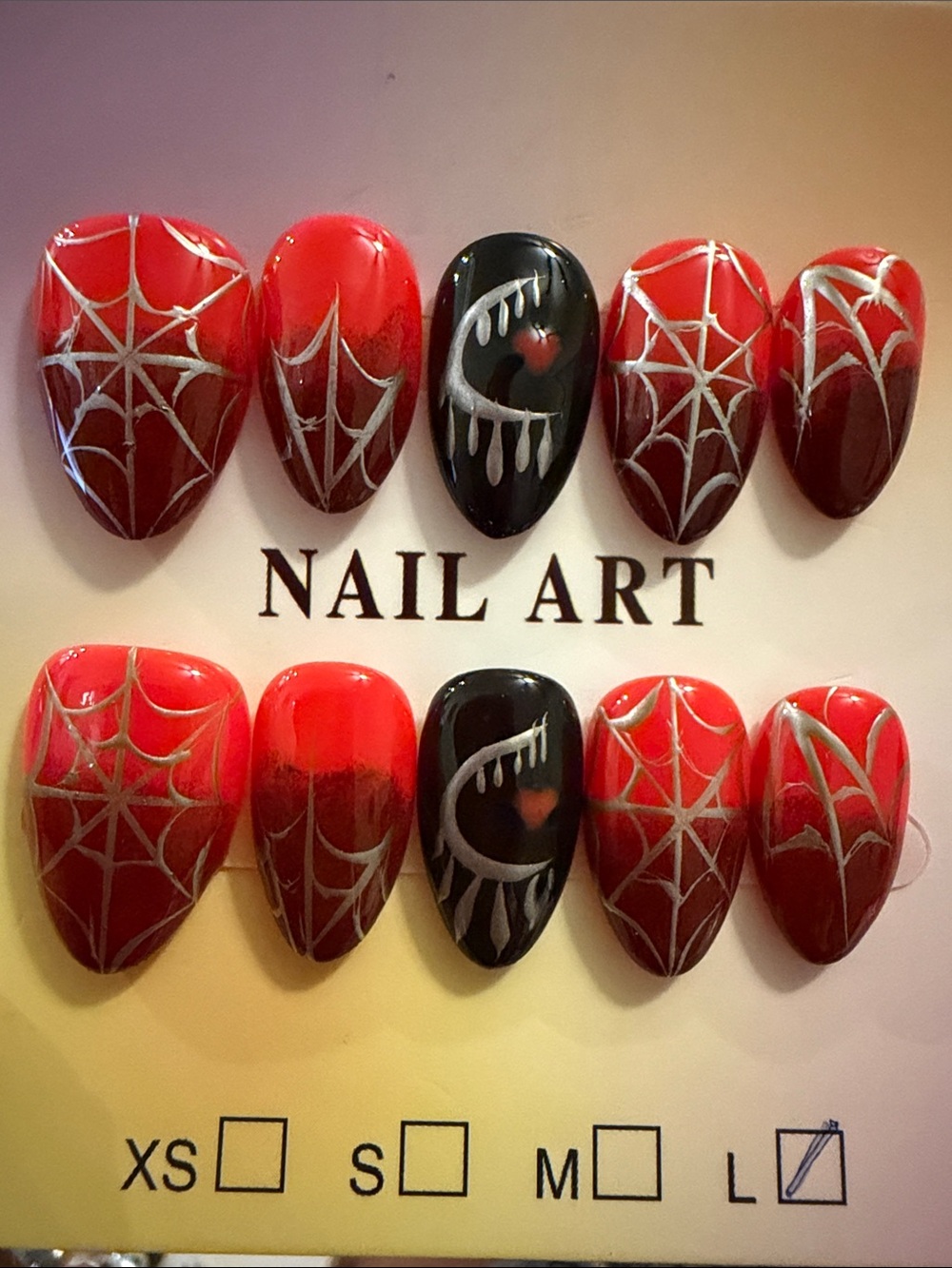 Nail Art Press-On Set - Red & Black Spiderweb Design
